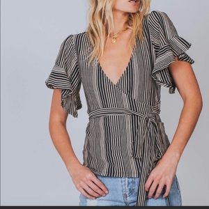 EUC Free People Striped Wrap Ruffle Shirt Sz M